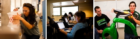 Triptych of students working on different projects