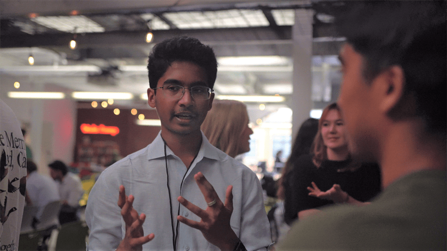 A student speaks at the HotHouse during the Starup Launch Weekend.