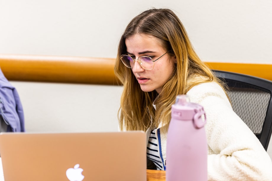 A student works on a laptop.