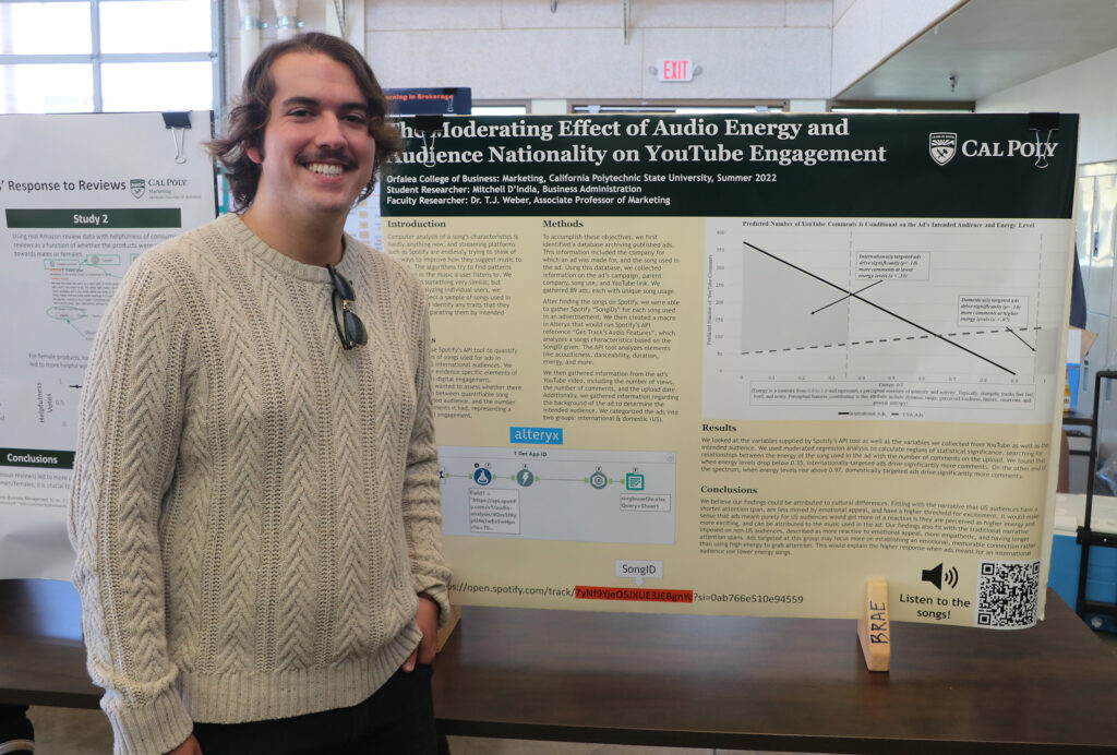 Student standing next to the poster detailing his SURP work.