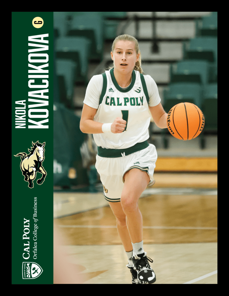 Niki Kovacikova, dribbling the ball and charging for the basket