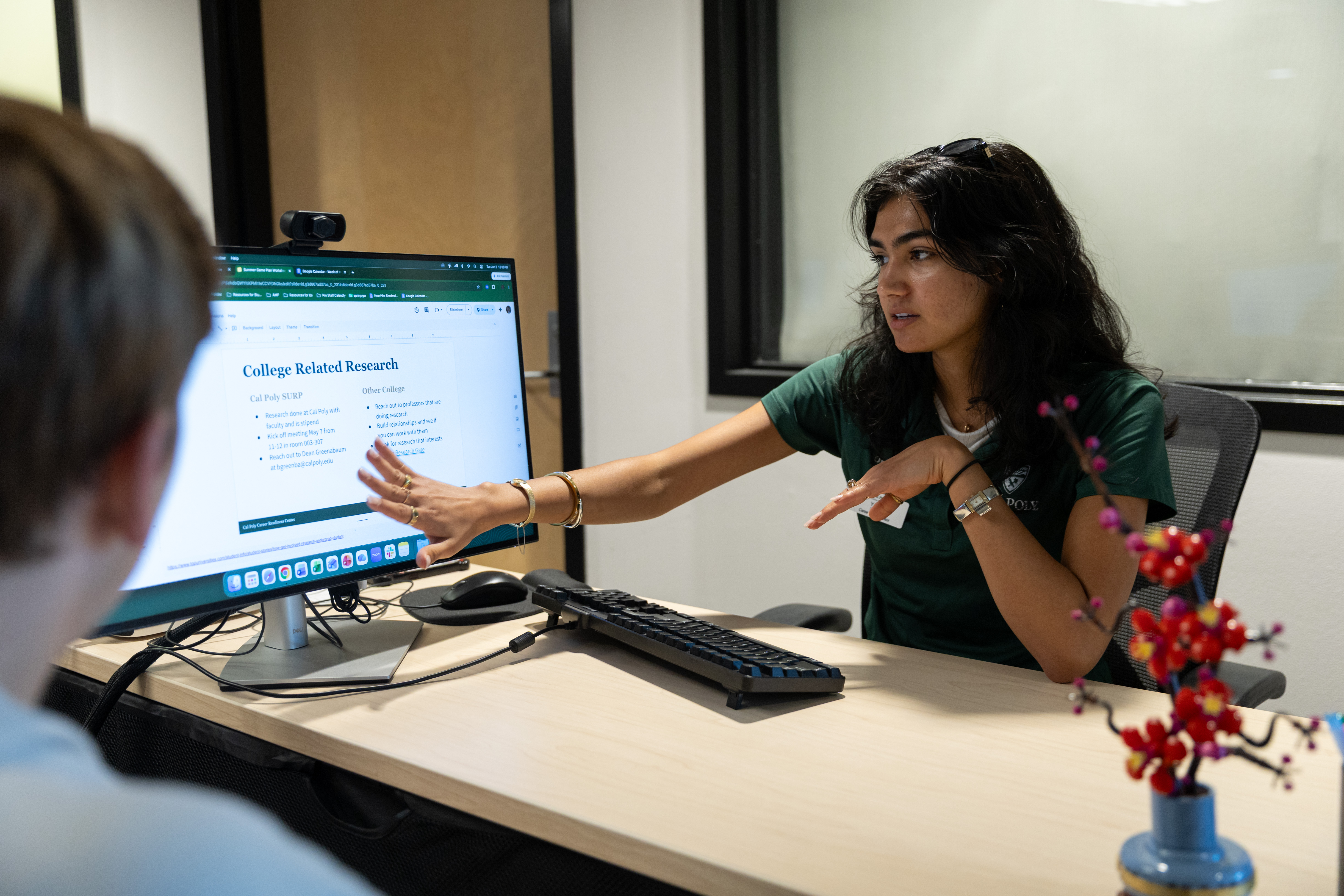 A student career advisor assists another student
