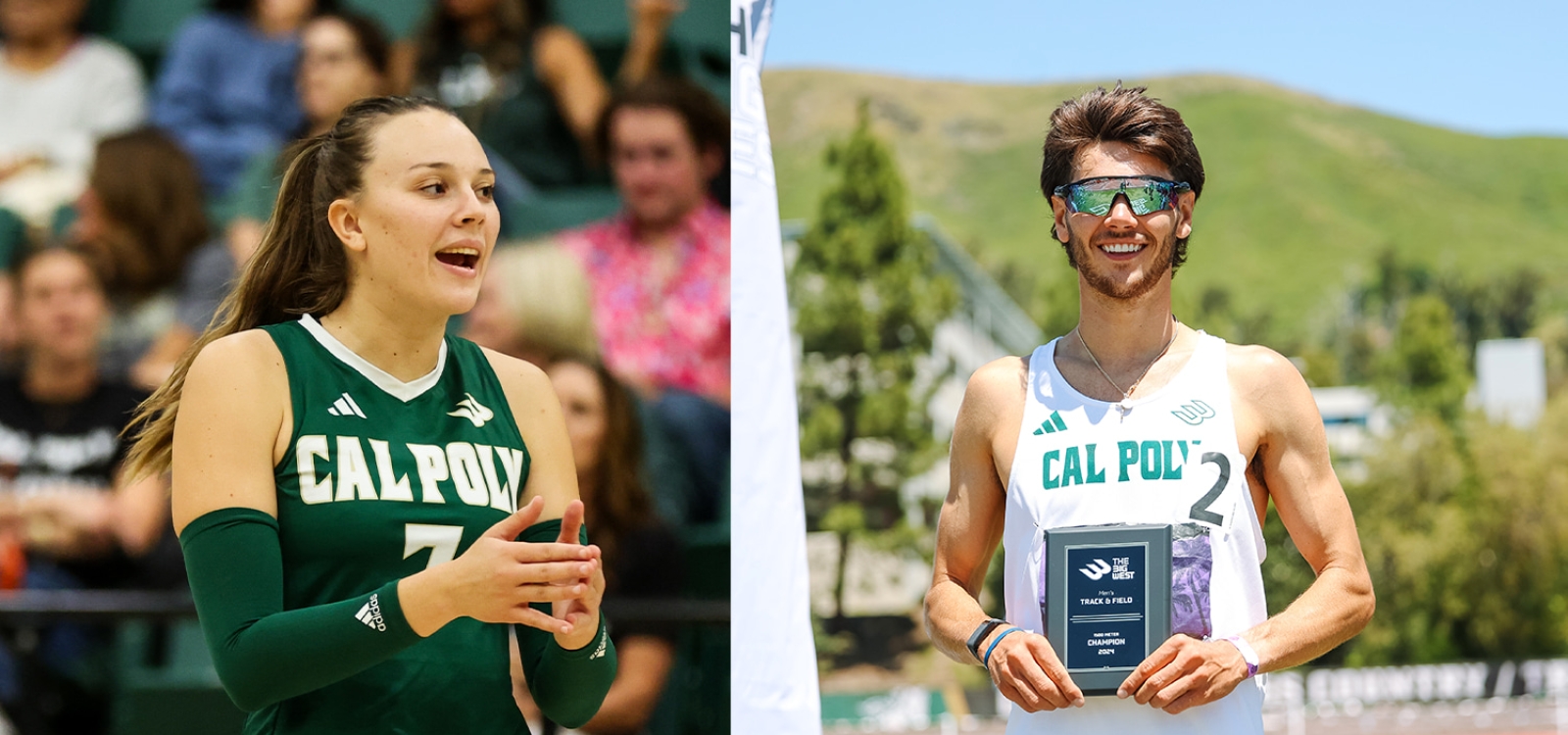 A side-by-side photo of volleyball playe Kate Slack and track athlete Davis Bove