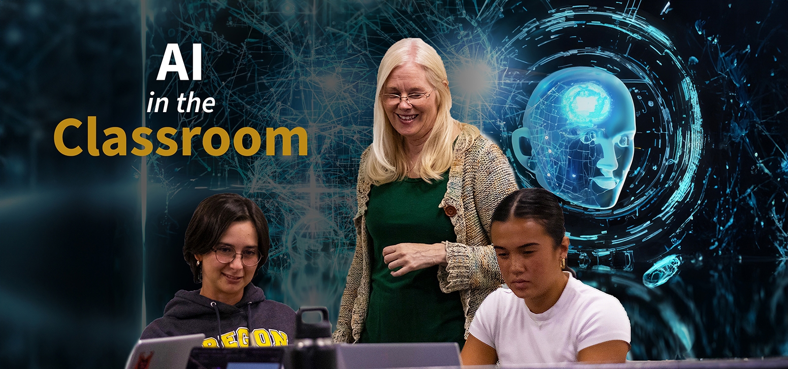 Photo illustration with students and a teacher in a classroom with an artificial intelligence background