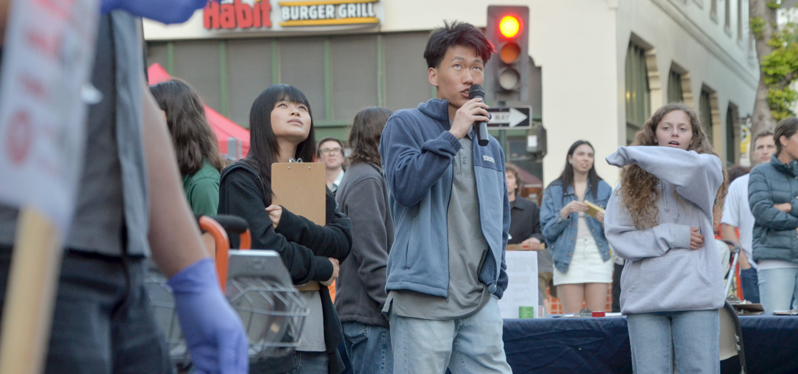An emcee narrates the action during the egg drop contest