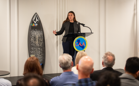 Maya Karl speaking at a conference