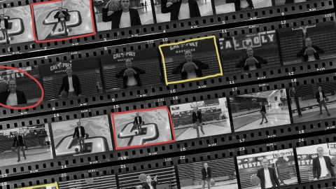 An illustration showing an old fashioned contact sheet featuring numerous images of Professor Joseph Kuehn on a basketball court