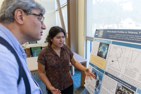 A student discuss her research project during the SURP Symposium