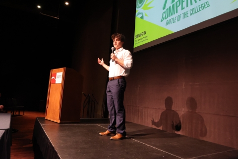 A student presents his business idea at the Elevator Pitch competition