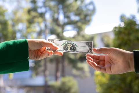 A campaign piece that looks like a dollar bill featuring Ashleigh Spargins