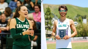 A side-by-side photo of volleyball playe Kate Slack and track athlete Davis Bove