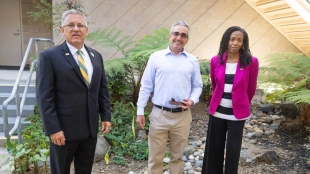 Professor Stephen Hamilton (center) with Cal Poly President Jeffrey D. Armstrong (left) and Provost Cynthia Jackson-Elmoore (right).
