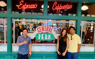 Michael Chang's SURP team poses outside the iconic Central Perk, from "Friends."