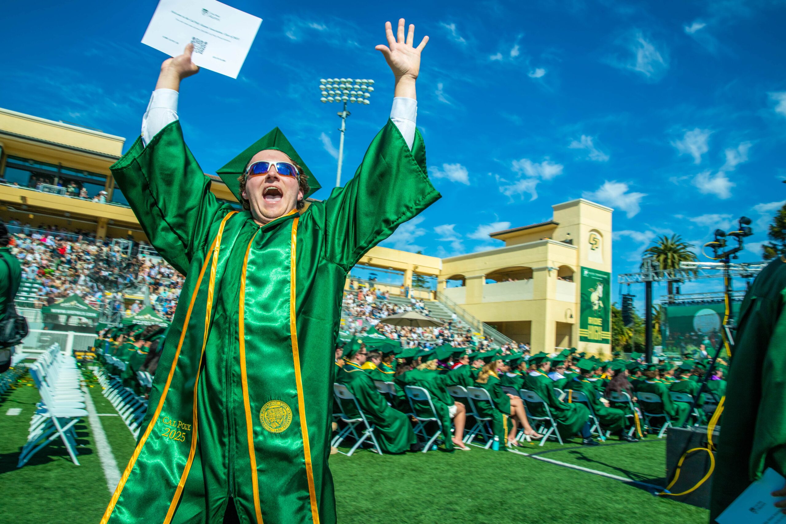 Students, faculty and leadership celebrate graduation during the 2025 Orfalea College of Business commencement ceremony, held at the Spanos Stadium on June 14, 2025.
