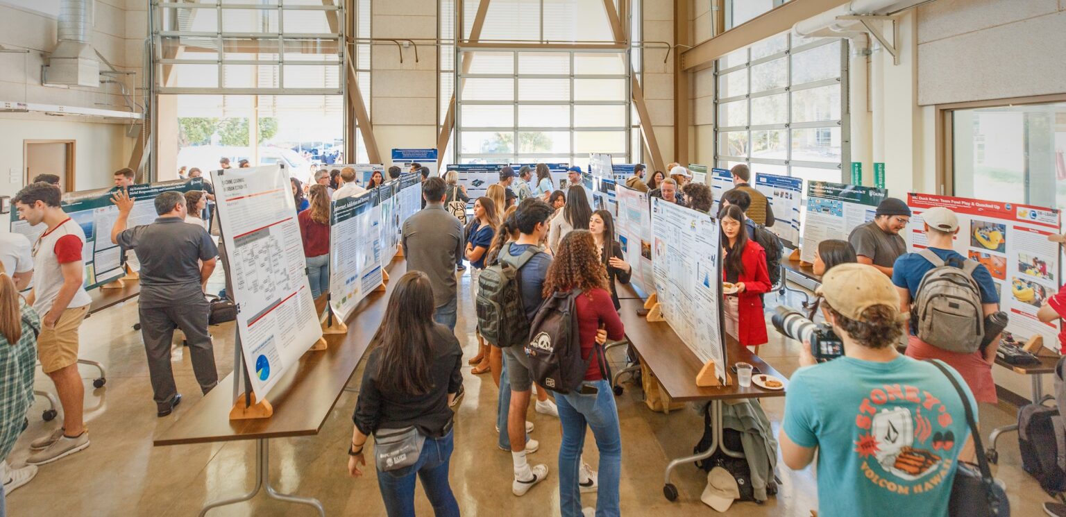 People reviewing research project presentations in a presentation hall