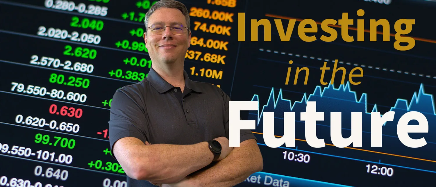 Ryan Curtis poses in a photo illustration featuring a stock market background