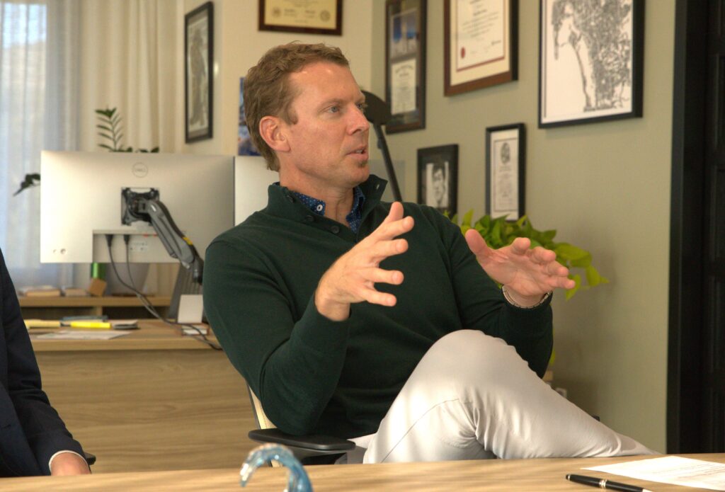 Damon Fleming, dean of the Orfalea College of Business, holds a virtual chat from his office