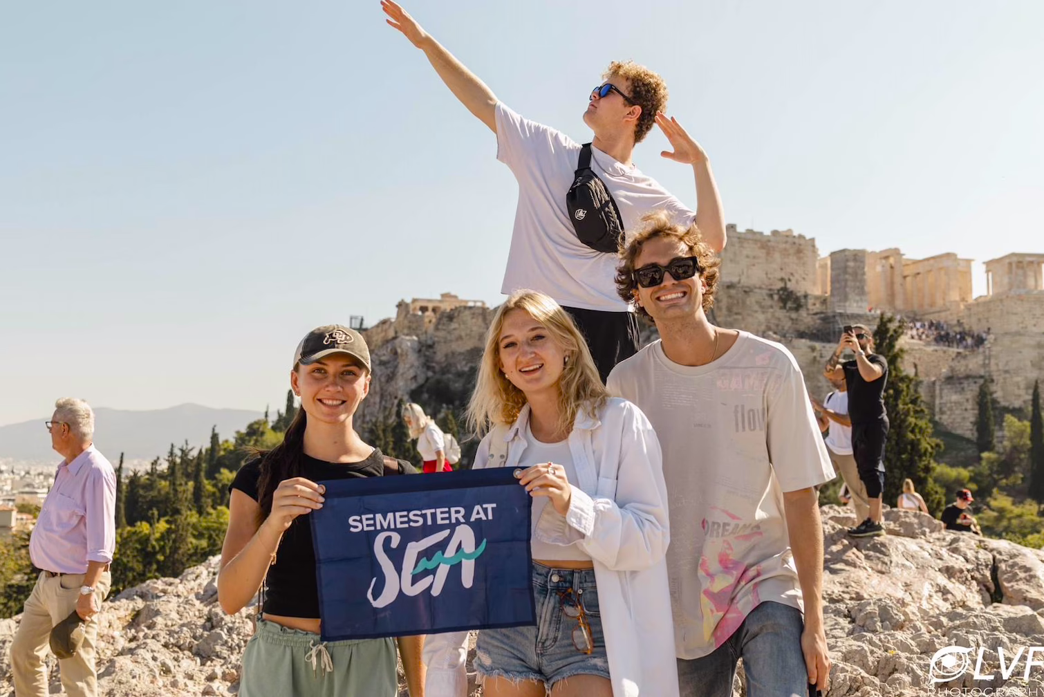 Students from the Semester at Sea pose for a photo in Greece